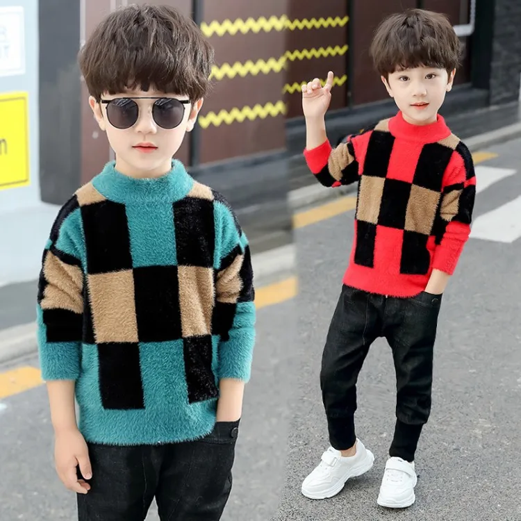 

BOY'S plus Velvet Sweater 2020 Autumn & Winter Children Warm Korean-style Sweater Big Boy Base Shirt