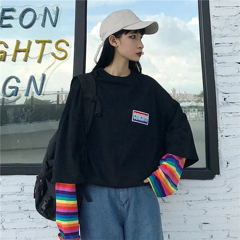 Neploe Korean Harajuku Patchwork T Shirts Fake Two Pieces Rainbow Striped Long Sleeve Casual T-shirt O-neck Women Top Tees 55252