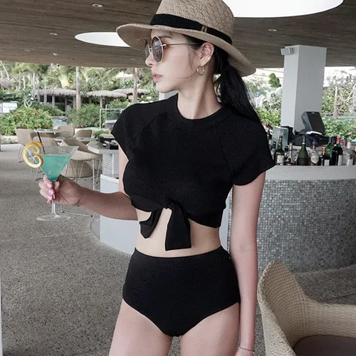 

South Korea New Style Split Type High Collar Conservative Elegant Bikini Swimwear High-waisted Belly Covering Spa Resort Bathing