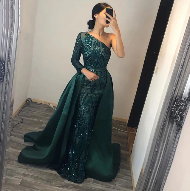 Elegant  Muslim Mermaid Evening Dress 2022 Long Sleeves Party Night with Detachable Train Sequined One Shoulder Prom Party Gown red evening dress