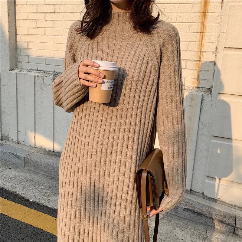

Women Winter Sweater Maxi Autumn Dress Turtleneck Long Sleeve Elegant Solid Color Brief Slim Knitted Dresses Pullovers Harajuku