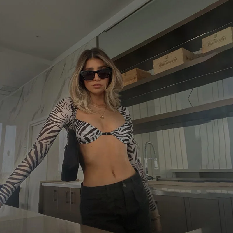 FREE SHIPPING See Through Mesh Crop Tops Long Sleeve Zebra Print JKP4775