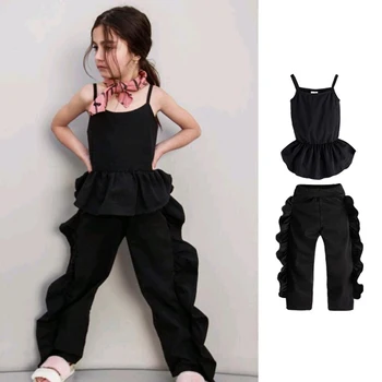 

Summer 2Pcs Kids Baby Girl Clothes Set Black Crop Vest Tops Vest and Ruffle Wide Leg Pant Toddler Girls Fashion Clothing