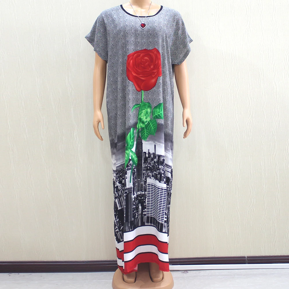 

African Dashiki Dresses For Women O-Neck Red Rose PAttern Printed Short Sleeve Loose Long Dress