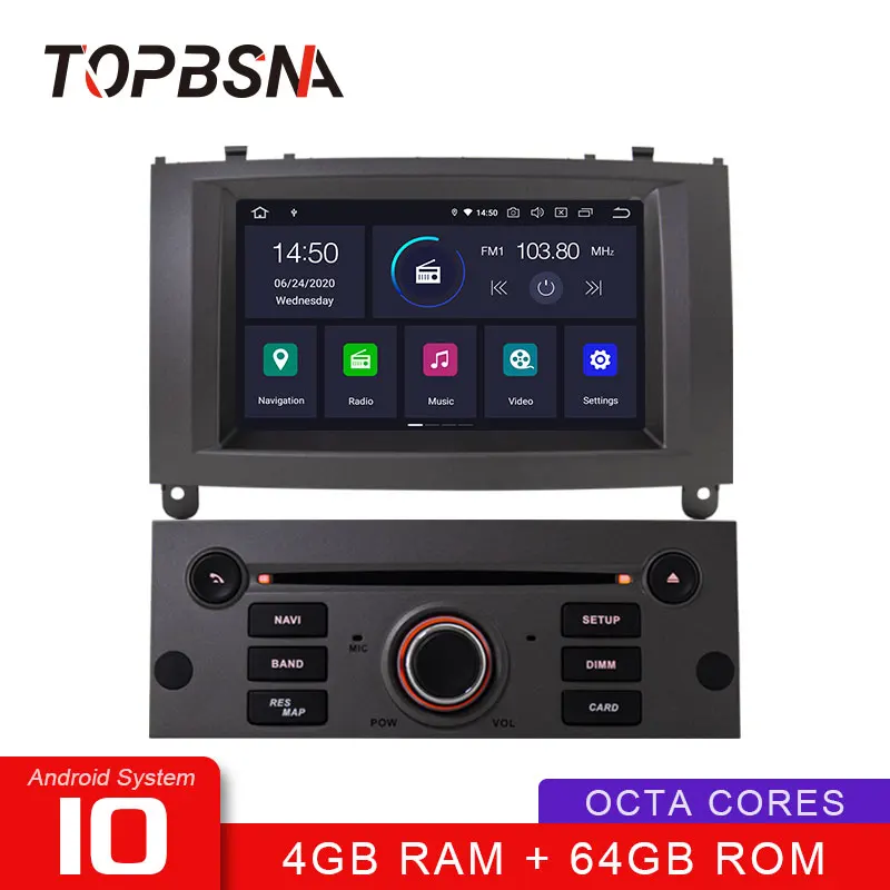 Автомобильный мультимедийный плеер TOPBSNA 1 Din Android 10 для Peugeot 407 2004-2010 Wi-Fi GPS-навигация