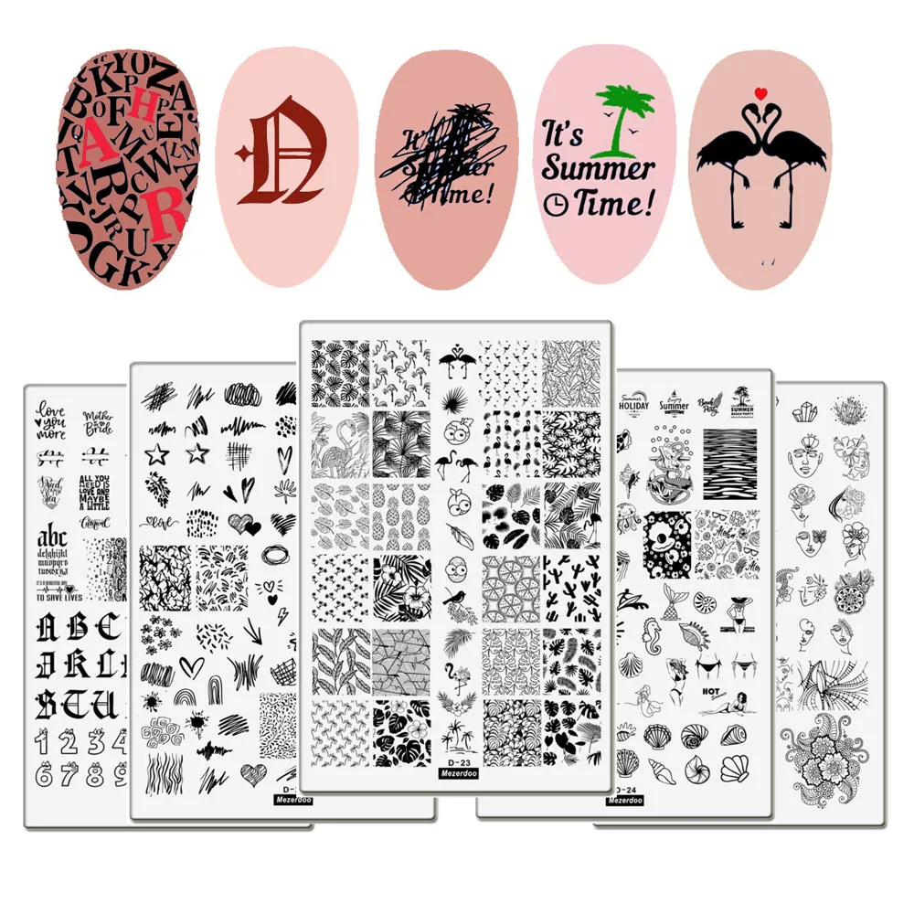 Flamingo Stamping Plates Summer Palm Tree Alphabet Mermaid Swan Image Stainless Steel Nail Stamping Plate for Nail Art Printing