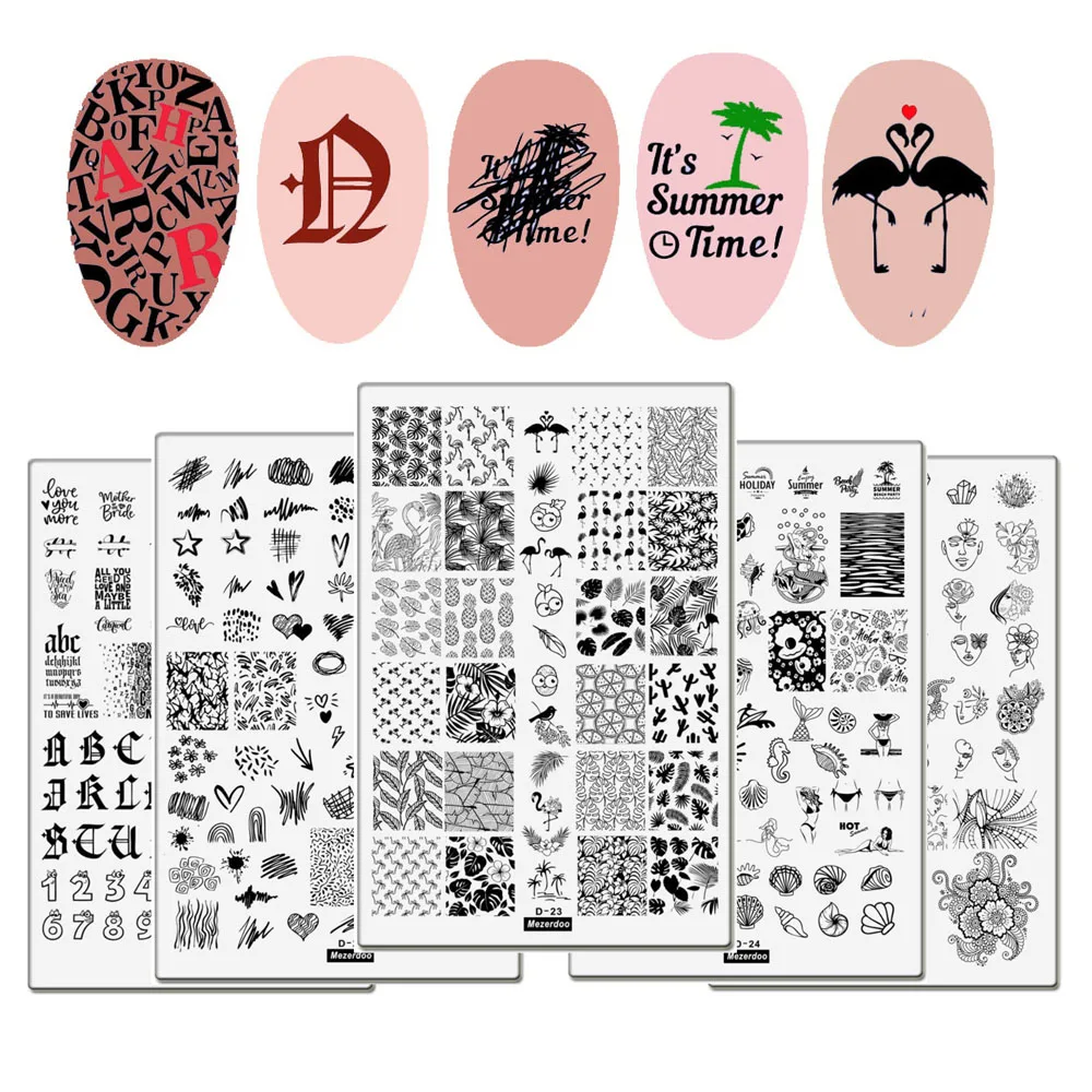 Flamingo Stamping Plates Summer Palm Tree Alphabet Mermaid Swan Image Stainless Steel Nail Plate for Art Printing | Красота и