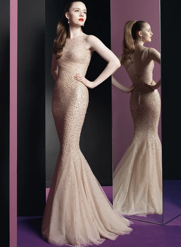 

Mermaid Full-Length O-Neck Sleeveless V-Back crystal Beading Nude Tulle Formal Party prom Gown 2018 bridesmaid dresses