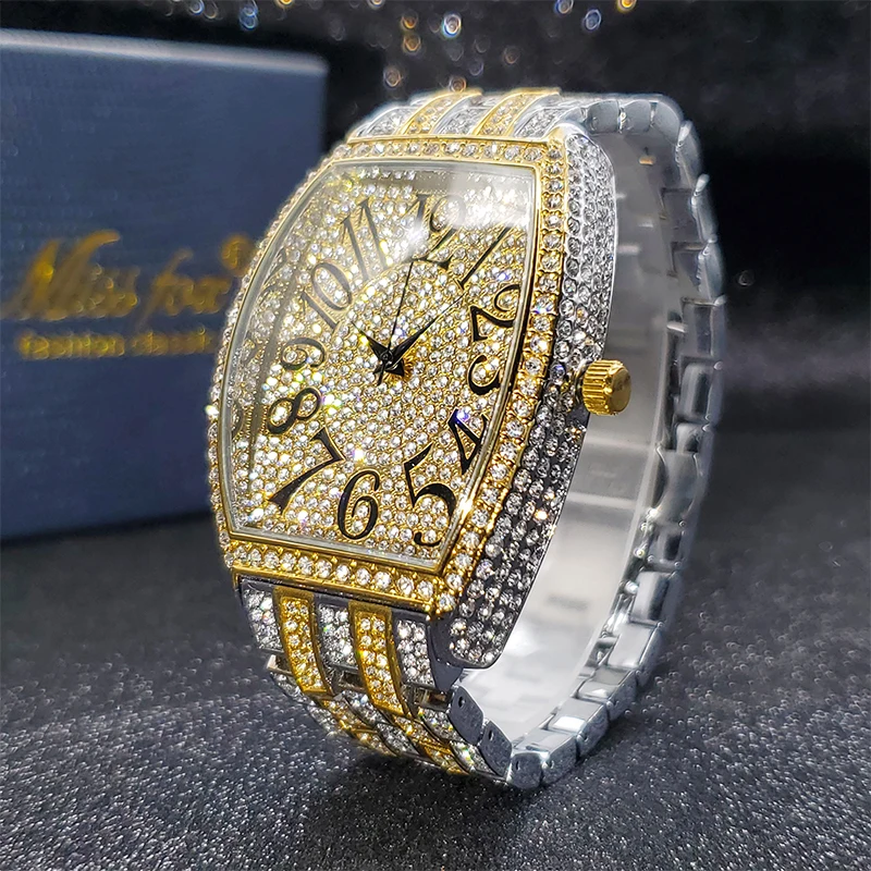 MISSFOX Ceas de aur pentru bărbați, ceasuri hip-hop bling bling tonneau cu cuarț pentru bărbați mari, impermeabil, ceas de mână Millerable_voghion.com