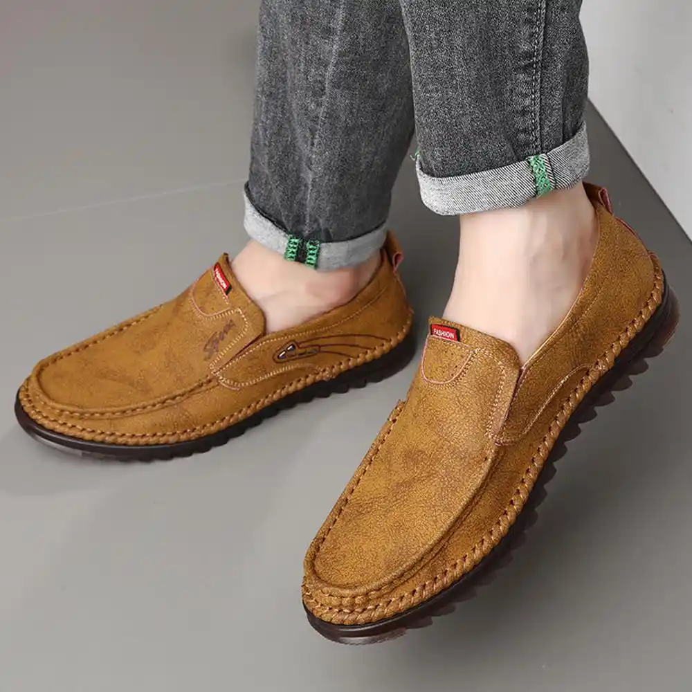 men's hand stitching stylish soft sole slip on loafers casual leather shoes