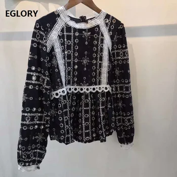 

2020 Spring Summer Fashion Blouses High Quality Women Hollow Out Embroidery Appliques Lace Patchwork Long Sleeve White Blue Tops
