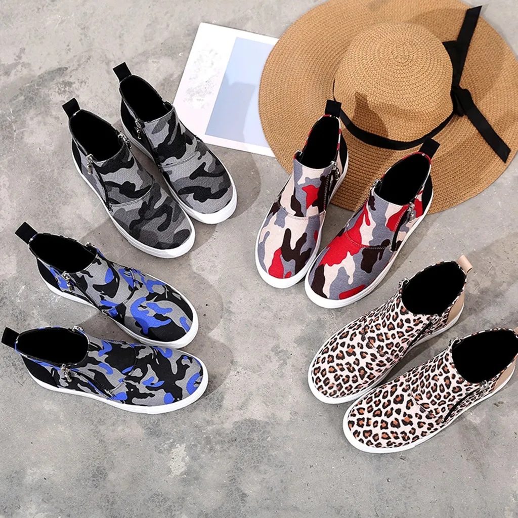 Осенние женские модные пикантные ботильоны; женские полусапожки на плоской подошве с леопардовым и камуфляжным принтом на молнии; зимняя обувь; botas mujer