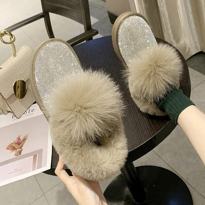 

Rhinestone Full Diamond Mink Hair Plus Velvet Snow Boots Lazy Shoes Fashion Non-slip Thick Bottom Women's Shoes Warm Snow Boots