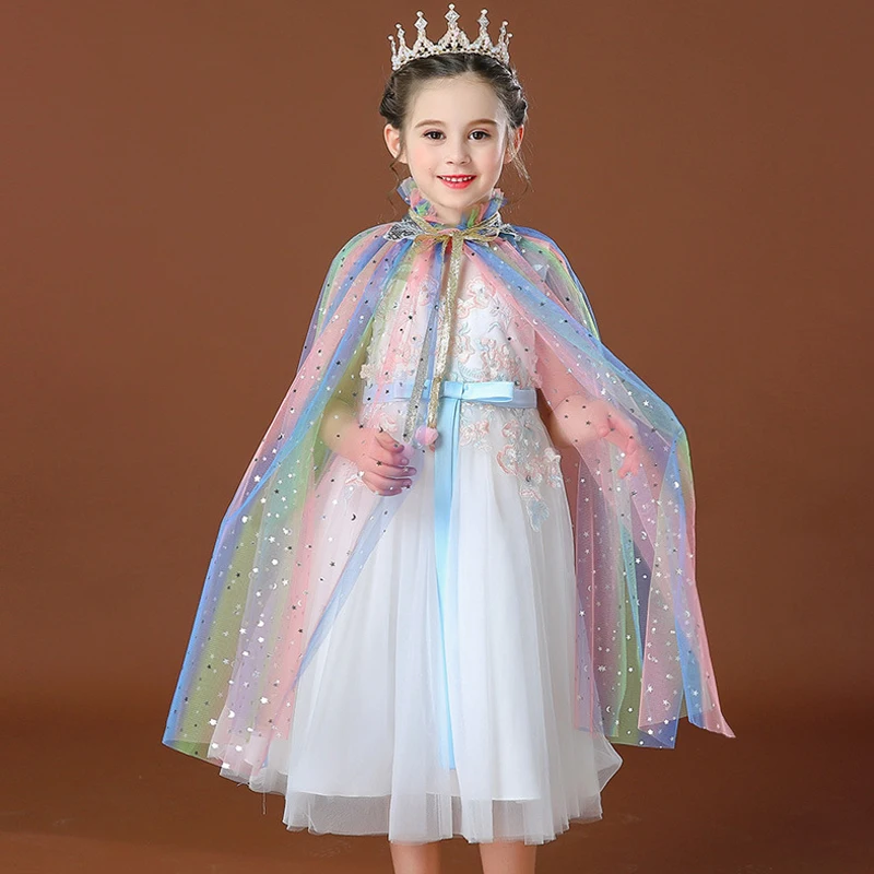 

BENLI WHITE Girl Princess Party Costume Drawstring Sequin Tulle Cape Cloaks Halloween Dress Up Mantle for Performance