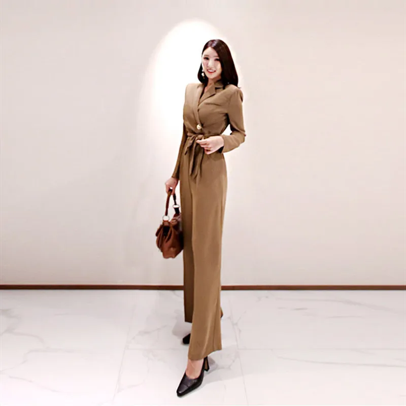 2020 autumn and winter new temperament slim-fit tie suit stand-up collar wide-leg pants professional fashion jumpsuit