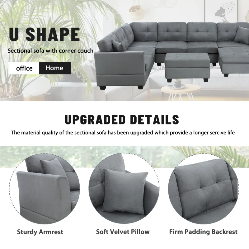 Sectional Sofa with Two Pillows, U-Shape Upholstered Couch with Storage Ottoman for Living Room Apartment