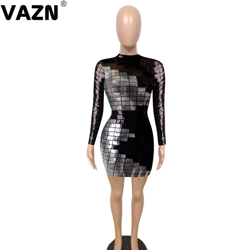 VAZN NK071 осеннее необычное тяжелое сексуальное Клубное модное лоскутное женское тонкое мини-платье с высоким воротником и длинными рукавами