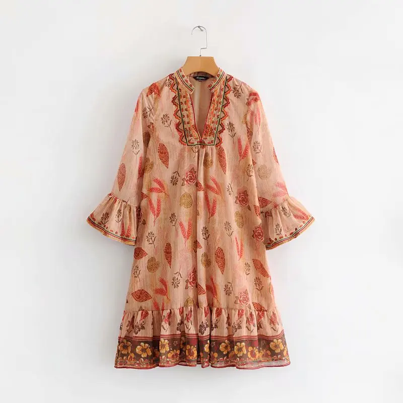 

Ctl-tl7093 WOMEN'S Dress Retro Vacation Style Flower Printed Embroidered Big Hemline-Shape Short Dress