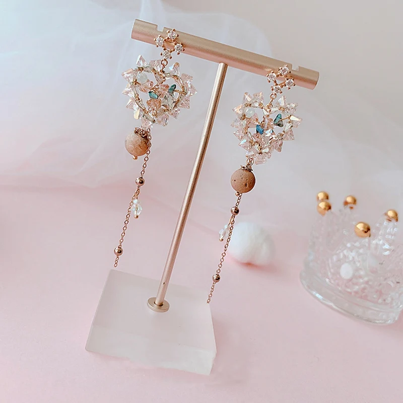 

MENGJIQIAO New Design Style Shiny Crystal Hollow Heart Drop Earrings For Women Wooden Beads Tassel Pendientes Party Jewelry