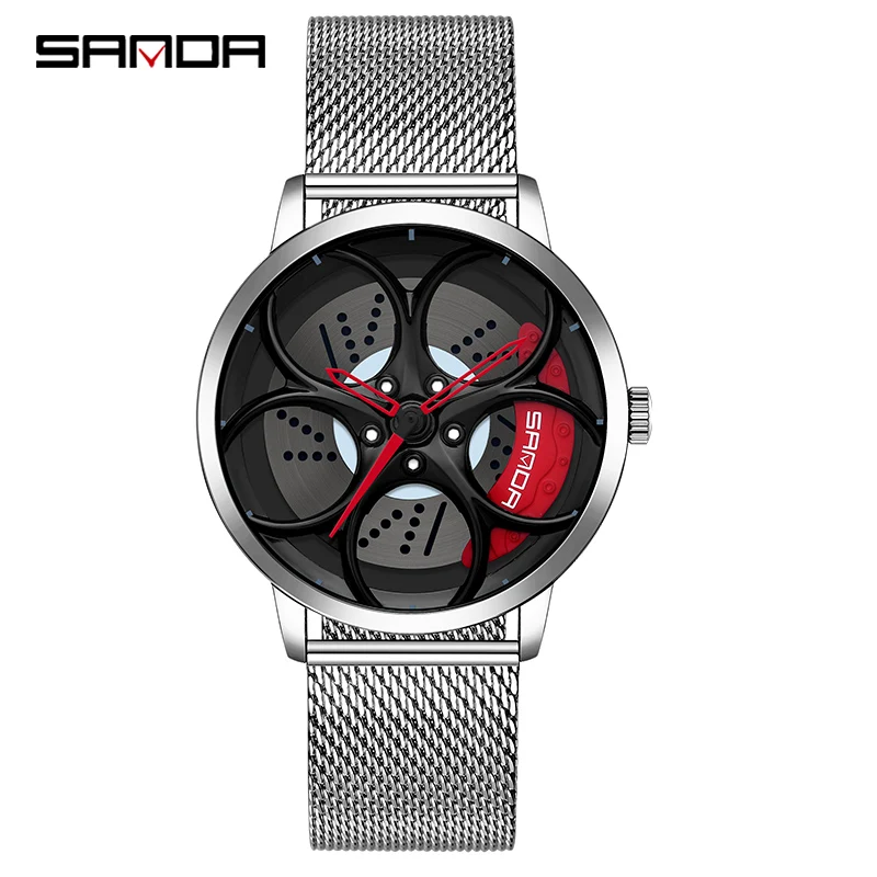 SANDA New Arrival Car Spinning Rim Hub Watche Custom Design Quartz Wristwatch Waterproof Car Wheel Watch Volk Racing Rays 