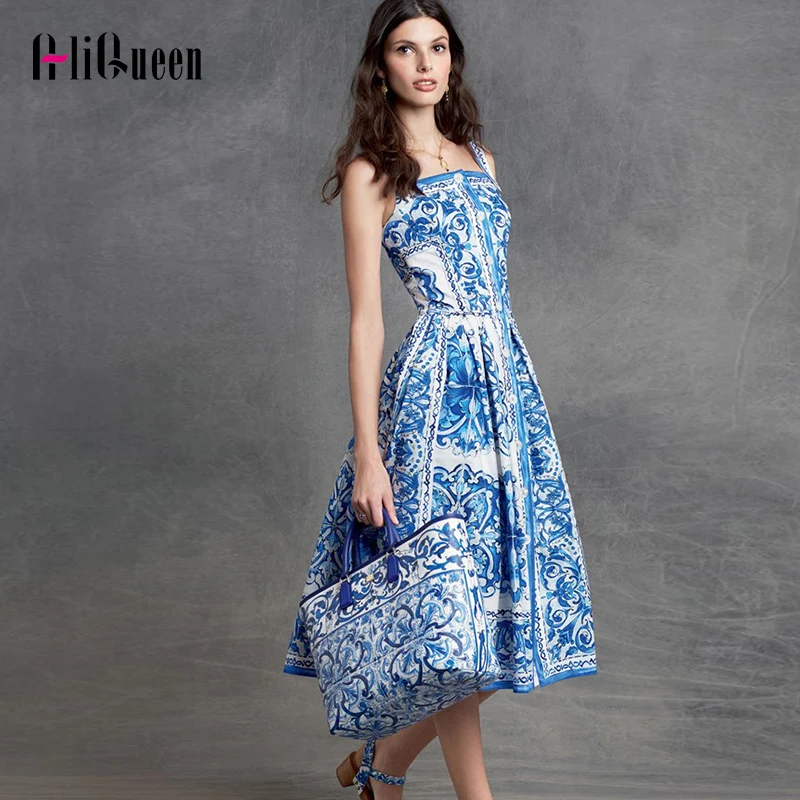 

High Quality Runway Soft Silk Dresses Elegant Women Retro Porcelain Print Button Spaghetti Strap Boho Midi Party Dress Sundress