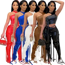 

2021 PU Leather Bandage Two Piece Set Women Sexy One Shoulder Crop Top + Lace Up Slit Hem Pants Club Party 2 Piece Set Outfits