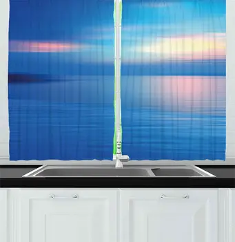 

Turquoise Sky Blue Landscape Kitchen Curtains Panoramic Ocean Seascape View Dawn or Sunset Romantic Print for Kitchen Cafe