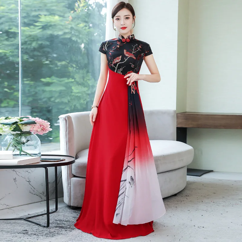 

2019 New Style Spring And Autumn Improved Slimming Cheongsam Long Large Chorus Long Skirts Formal Dress Catwalks Table Performan