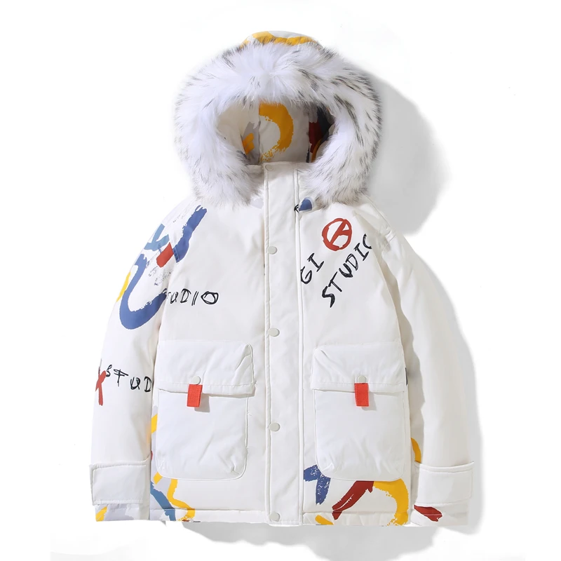 The new 2021 Little Devil Short Trend-brand down jacket Winter couples jacket with thick white duck down warm coat men big fur
