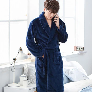 

Elegant Solid Navy Blue Menwinter Homewear Kimono Robe Gown Keep Warm Flannel Sleepwear Nightwear Casua Soft Bath Gown Pajamas