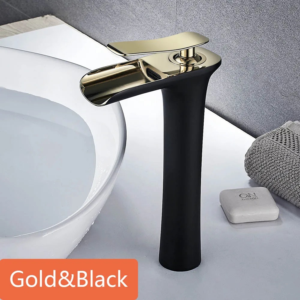 Gold Black Смеситель для раковины, водопад, смеситель для ванной комнаты, кран для горячей и холодной воды, хромированный кран для раковины, кран для ванной комнаты с одним отверстием, латунный смеситель, кран Torneira - Цвет: Gold Black