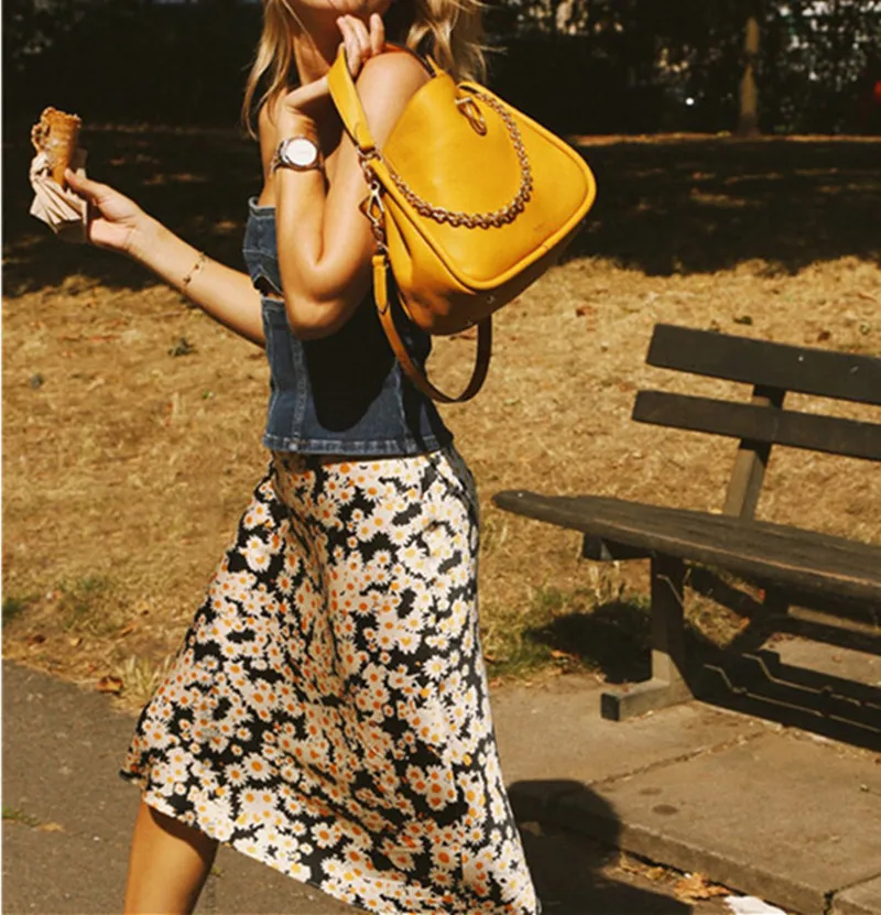 

Women Print Daisy Flowe Midi Skirt High Elastic Waist Fresh Sweet Skirt