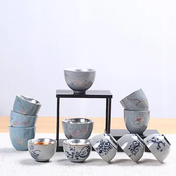 

Ceramic Tea Cup 999 Sterling Silver Gilded Silver Cup Coarse Pottery Blue Pattern Kung Fu Cup Handmade
