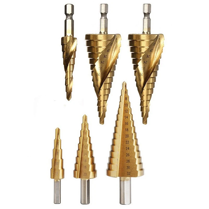 

6 Pieces Titanium Coated Straight And Spiral Step Drill Bit Set Hex Shank Kit For Iron Plate, Aluminum,Pvc Board 4Mm To 32Mm-Tot