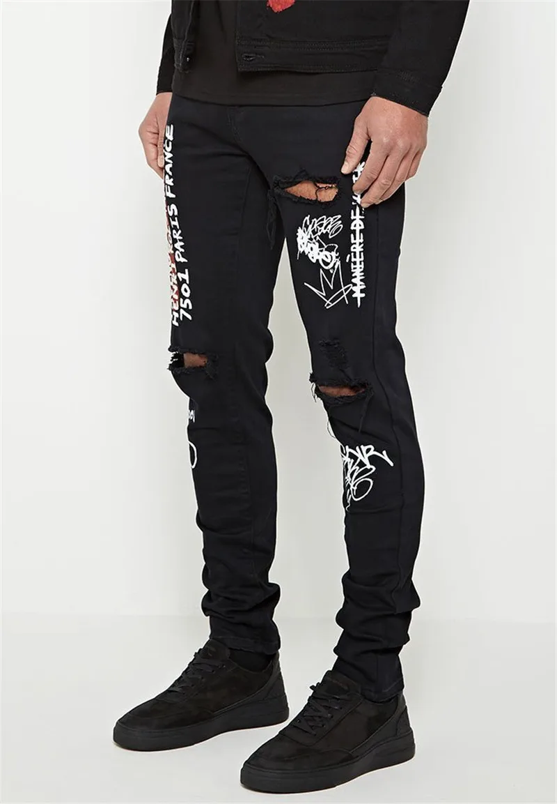 Graffiti Printed Mens Jeans Letters Print Holes Casual Men Trousers Fashion Stretch Male Denim Pencil Pants Graffiti Printed Mens Jeans Letters Print Holes Casual Men Trousers Fashion Stretch Male Denim Pencil Pants
