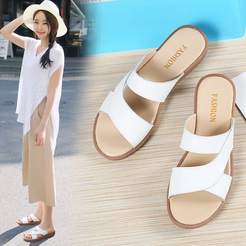 

Summer New Style Genuine Leather Flat Casual Korean-style A- line Sandals Student Versitile Fashion Slippers Candy-Colored