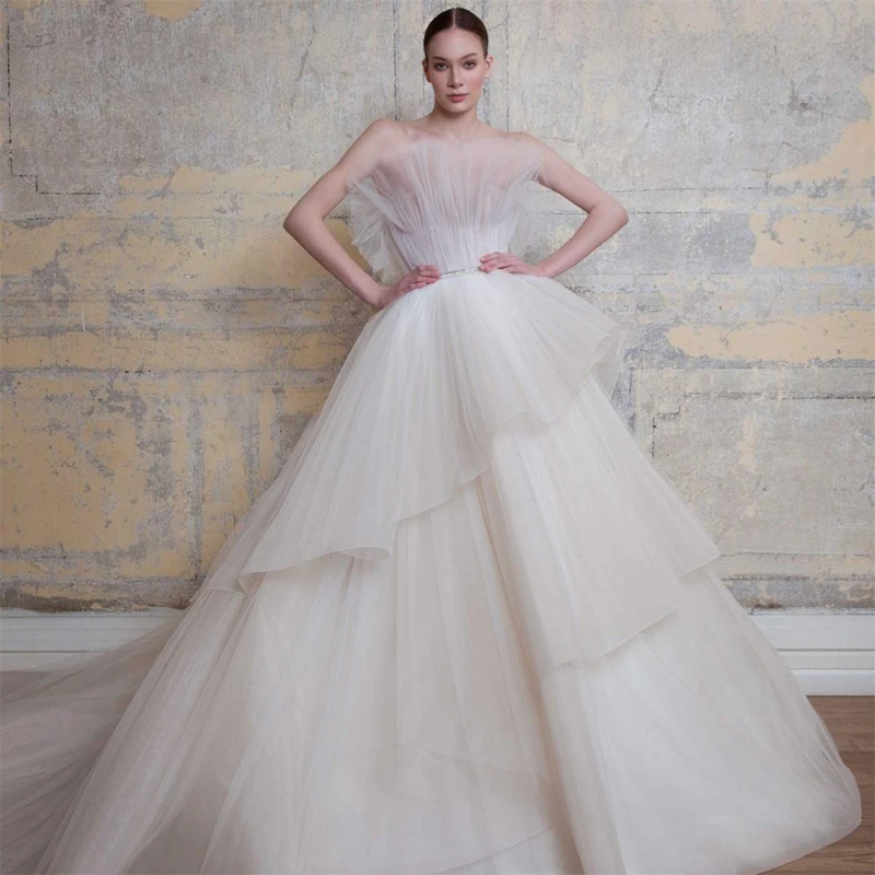 Georges Hobeika 2020 Wedding Dresses Strapless Tulle Tiered Court Train Vintage Wedding Gowns Custom Made Bride Dress vestido de modest wedding dresses