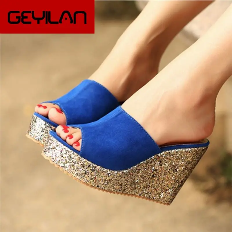 

2020 Fashion Sequins High Heel Slippers Women Summer Shoes Suede Platform Sandals Ladies Wedges Sandals Flip Flops