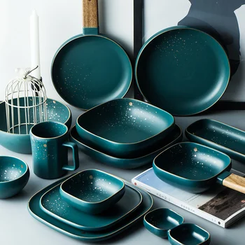 

High Fashion Retro Green Nordic Ceramic Tableware Set Dinnerware Set Bowl Plate Soup Bowl Set Modern Style