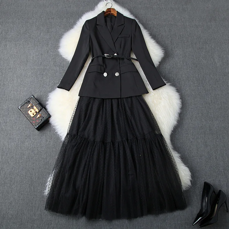 

2019 Year New Fashion Blazers+ Skirt Suit Clothes Office Work Black Color Clothes Set Mesh Patchwork Double Breasted Clothing