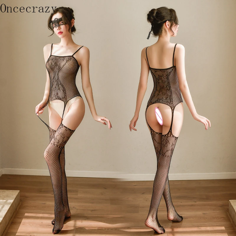 

Oncecrazy Open Crotch Sexy Lingerie Women Fishnet Onesies Erotic Lingerie Transparent Sexy stockings suspenders mesh jacquard