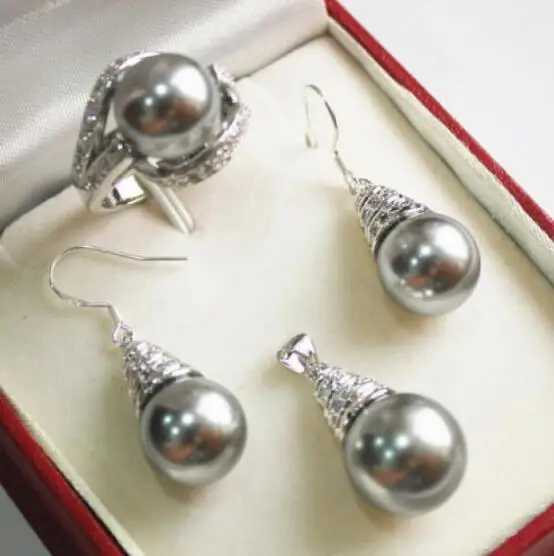 Jewelry Pearl Set 12mm Grey Shell Pendant Necklace Earrings Ring Free Shipping | Украшения и аксессуары