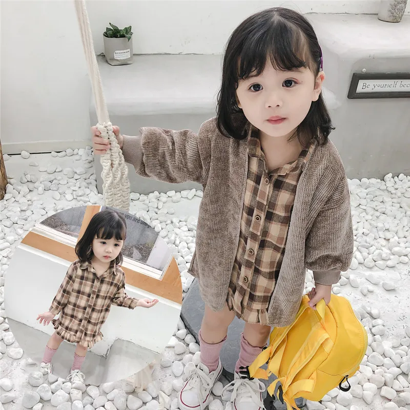 

19 Spring New Style Korean-style Suit Dress Girls Baby Plaid Mid-length Shirt Two-Piece Set 1745c02