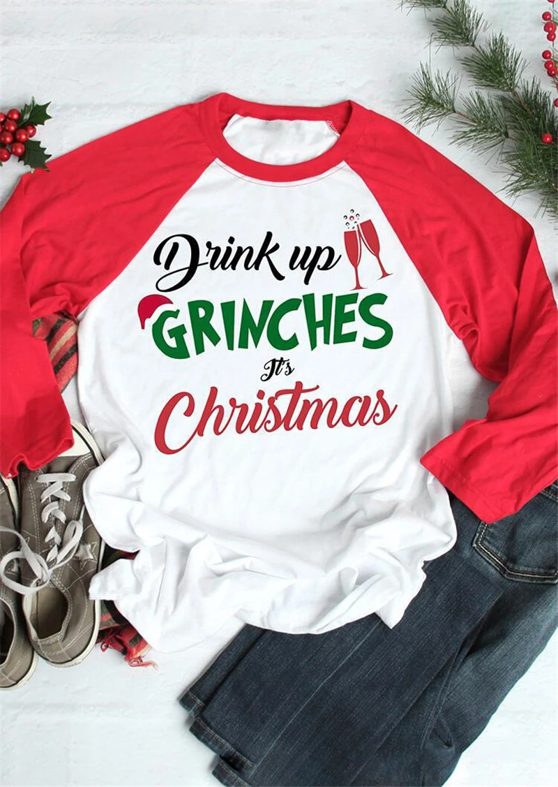 DRINK UP GRINCHES это рождественская футболка пэчворк 3/4 рукав реглан Футболка женская футболка Забавные футболки с графикой повседневные топы