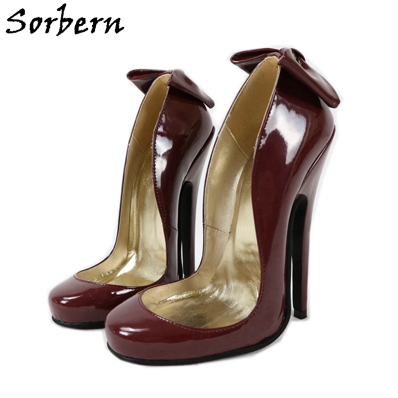 Sorbern zapatos punta redonda retro, Burlesque, lazo, Stilettos, tacones de 16Cm, charol burdeos, personalizado, 14Cm, talla EU38, especial| Zapatos de tacón de mujer| - AliExpress