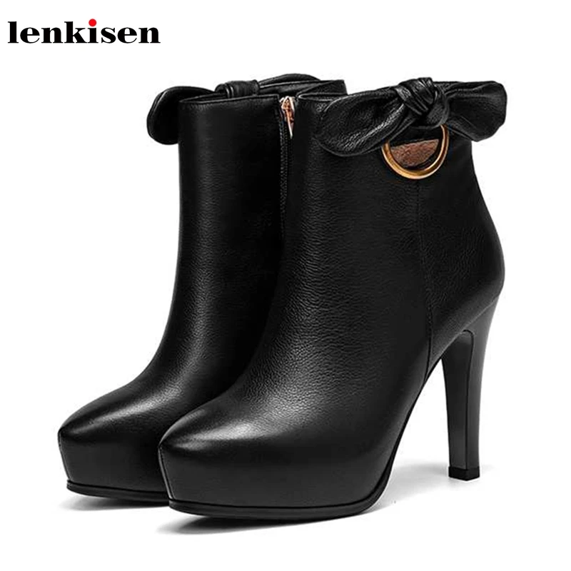 

Lenkisen new European style super high heels stiletto cow leather bowtie platform winter women keep warm fashion ankle boots L67
