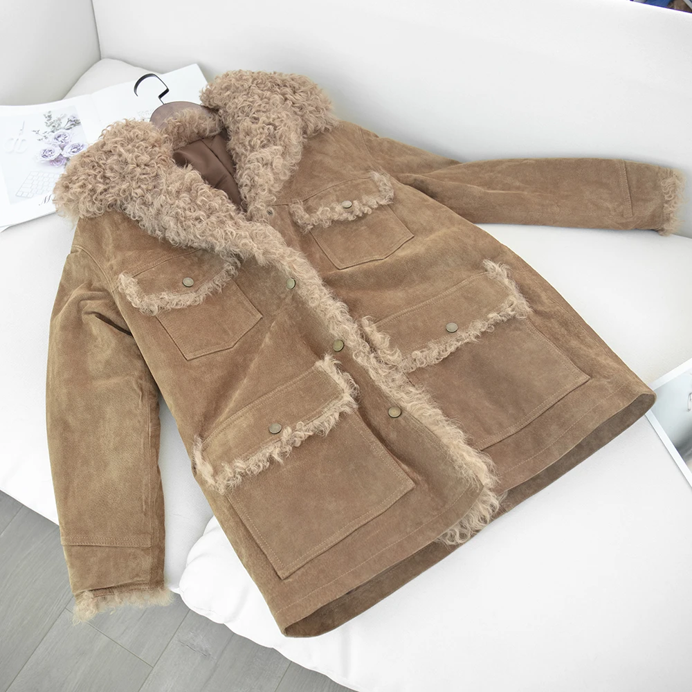 Camel Женское пальто, Женские топы и блузки, зимнее пальто для женщин размера плюс, Воротник из натурального овечьего меха, повседневная куртка из натуральной кожи - Цвет: Camel