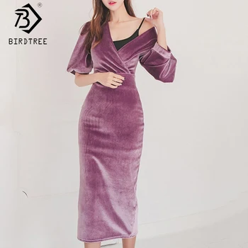 

2020 Spring New Women's Office Lady Half Puff Sleeve Slim Velvet Dresses Fashion V-Neck High Waist Pencil Midi Dress D01625O