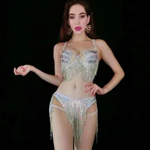 Блестящие стразы, бикини с кисточками, женские сексуальные вечерние костюмы, комплект с бюстгальтером и шортами, серебряные бикини, шикарная одежда для сцены, танцев, ночного клуба, DJ1574