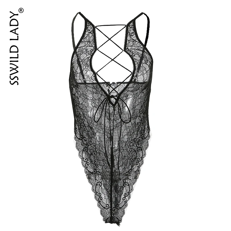 Женский тонкий кружевной комбинезон SSWILD черный прозрачный Красный боди